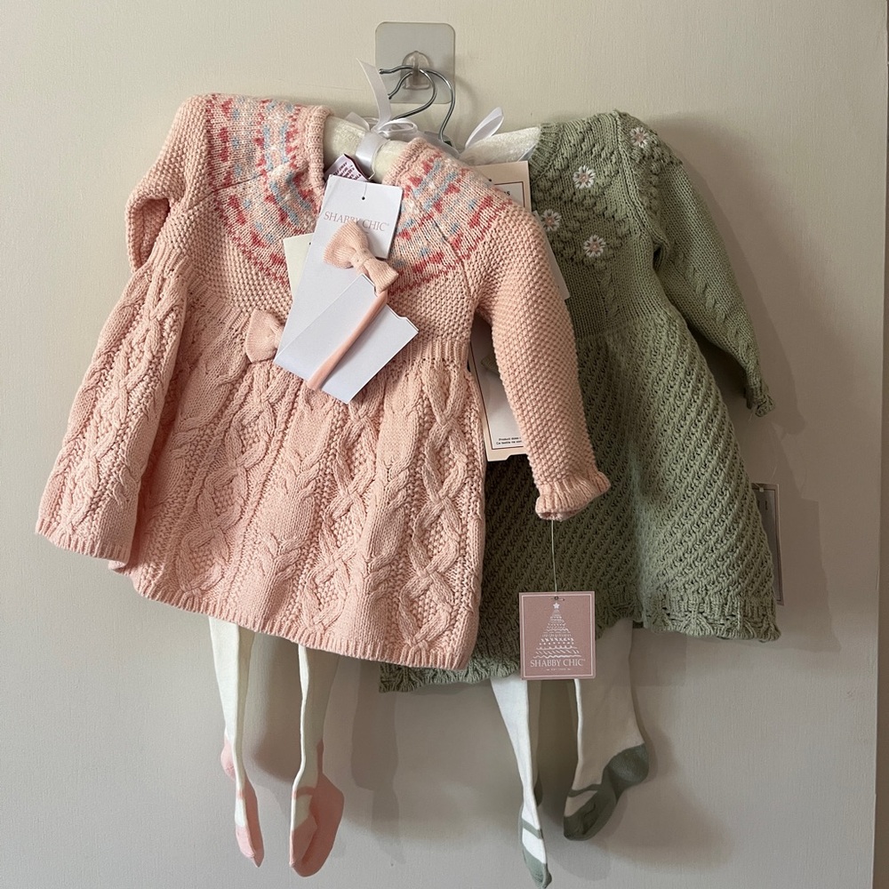 Pink and Green Knit Baby Dresses with Tights Bundle